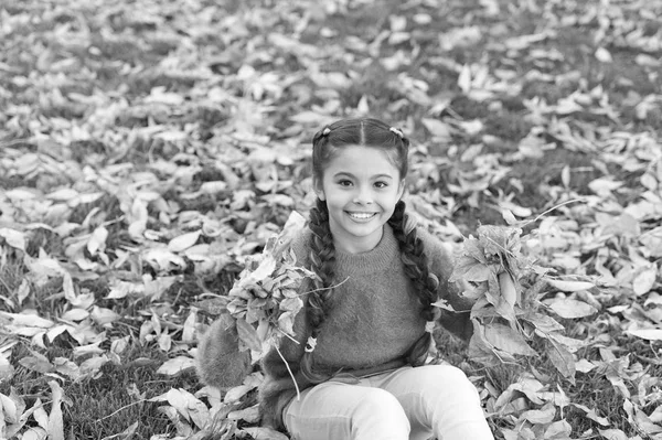 Buona infanzia. Ora di scuola. Bambino piccolo con foglie d'autunno. Bambina felice nella foresta autunnale. Spensierato e felice. Foglie d'autunno e natura. Starei qui per sempre. Niente piu 'pioggia. Tempo di riposare — Foto Stock