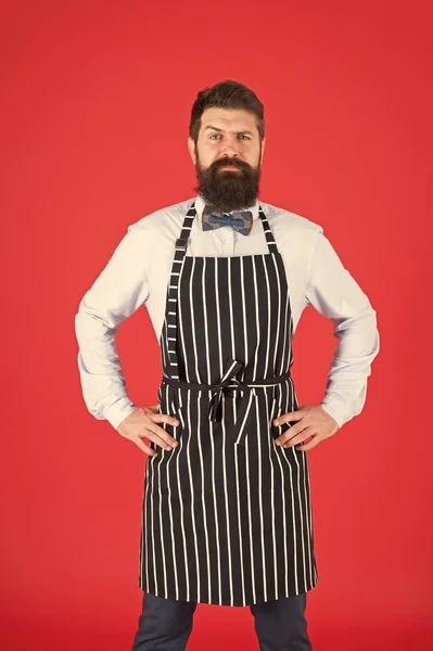 En service dans la cuisine. Concept de café Hipster. Homme avec barbe cuisinier tablier hipster. Hipster chef cuisinier fond rouge. Un homme barbu cuisinier. Service et personnel du restaurant. Serveur bien entretenu au travail — Photo