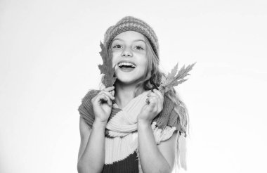 Bu sonbahar parlak olması. Kız mutlu yüz parlak örme şapka giymek ve eşarp tutun düşen yapraklar beyaz arka plan. Sonbahar için renkli aksesuar. Yumuşak sonbahar parlak aksesuarlar. Parlak aksesuar