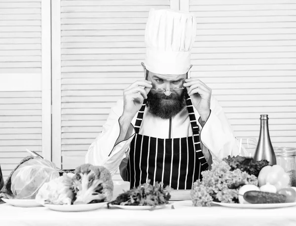 Get ready. Man bearded chef getting ready cooking delicious dish. Chef at work starting shift. Guy in professional uniform ready cook. Master chef concept. Culinary challenge. Chef handsome hipster — Stock Photo, Image