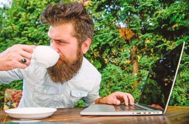 mükemmel bir anlaşma. ofis çalışanı. Başarılı bir iş adamı. kahve molasında acımasız sakallı hipster. dizüstü bilgisayar üzerinde çalışan mutlu adam. çevik iş. İş başarısı. Kahve iç. Kar ve zenginlik kavramı