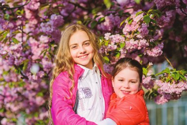 çiçek kokusu, alerji. Kardeşlik. Cilt için doğal kozmetik. kiraz çiçeği mutlu kız kardeşler. Sakura çiçek açıyor. Yaz. Çocukluk güzelliği. Aile günü. bahar çiçek çiçek küçük kız çocuklar