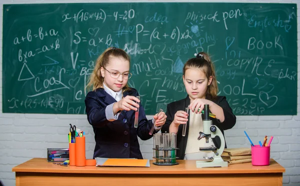 School project investigation. School experiment. Science concept. Gymnasium students with in depth study of natural sciences. Girls school uniform busy with proving their hypothesis. Private school — Stock Photo, Image