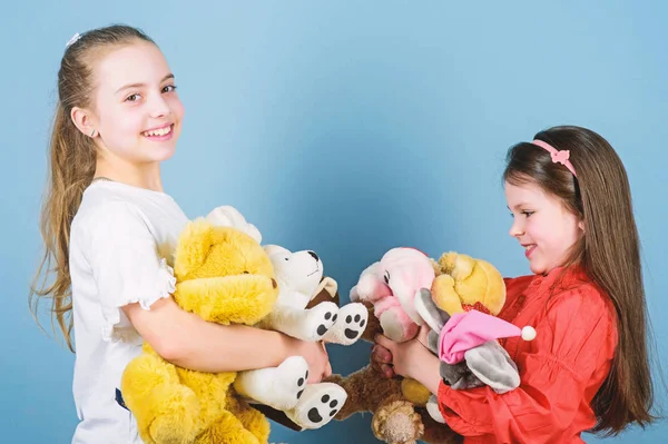 Happy childhood. Child care. Sisters best friends play. Sweet childhood. Childhood concept. Softness and tenderness. Charity sale. Love and friendship. Kids adorable cute girls play soft toys — Stock Photo, Image