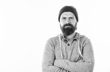 Beyaz arka planda izole hipster adam. alanı kopyalayın. şapkalı mutlu sakallı adam. sakalı acımasız erkek. Berber salonu. berber moda. Saç Bakımı. Sakalı olgun hipster. Yüz Bakımı