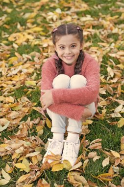 Sonbahar yaprakları ile küçük çocuk. Sonbahar yaprakları ve doğa. Sonbahar ormandaki mutlu küçük kız. Mutlu çocukluk. Okul zamanı. Etrafında olduğum için mutluyum. Özgür ve rahat hissediyorum. Temiz hava ve iyi bir ruh hali