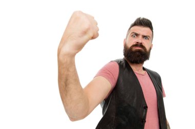 Looking frighteningly as a muscular man. Bearded muscular man shaking fist. Brutal hipster flexing his arm with muscular power. Building muscular strength and flexibility clipart