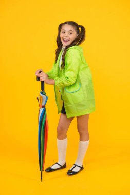 Yağmur geçirmez kıyafetler. Sonbahar aksesuarı. Sonbahar havası. Tamamen hazırım. Şemsiyeli kız öğrenci su geçirmez yağmurluk giyer. Sonbahar yağmuru. Okula gidiyorum. Suya dayanıklı giysiler. Korumalı konsept