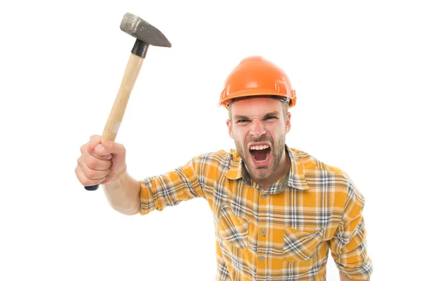 Boze baas. Vernietig en bouw. Reparatie. Reparatie en renovatie concept. Een klusjesman. Reparatie en renovatie. Huisverbetering. Man in helm agressieve arbeider. Reparatie — Stockfoto