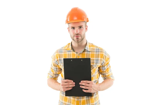 General plan. Repair service. Repair and renovation concept. Home improvement. Man in helmet on white background. Engineer occupation. Repair workshop. Handyman home repair. Repairing and renovating — Stock Photo, Image