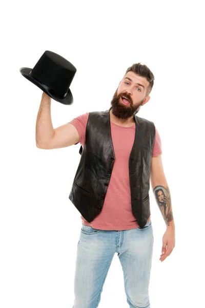 Classic is forever. Caucasian guy holding classic top hat accessory or headgear. Bearded man with classic cylinder hat. Hipster with mustache and beard with classic black hat — Stock Photo, Image