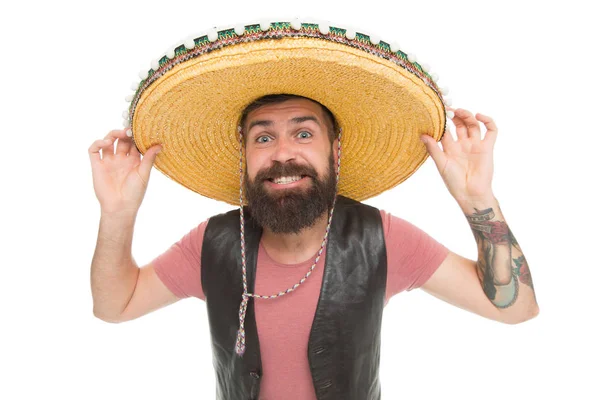 Um verdadeiro macho. Um macho barbudo a usar sombrero. Macho mexicano em estilo sul-americano. Macho espanhol com barba e bigode em traje tradicional mexicano — Fotografia de Stock