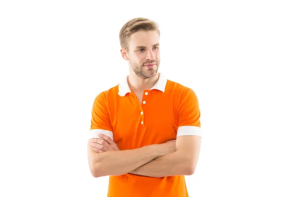 Man ongeschoren hipster slijtage kassier uniforme witte achtergrond. Reguliere kassier. Aanwervings winkel winkelmedewerker. Bezorgservice. Kassier concept. Salesman Cashier carrière. Restaurant Café personeel wilde — Stockfoto