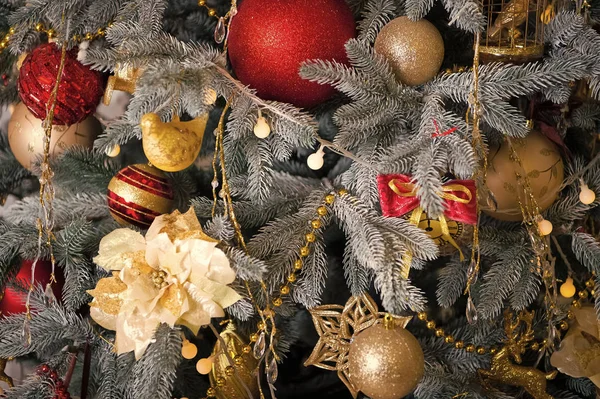 Weihnachten. schön geschmückter Baum mit Spielzeug. am Morgen vor Weihnachten. Neujahrsferien. Frohes neues Jahr. Weihnachtskomposition. Frohe Weihnachten und frohe Feiertage. Warten auf Wunder — Stockfoto
