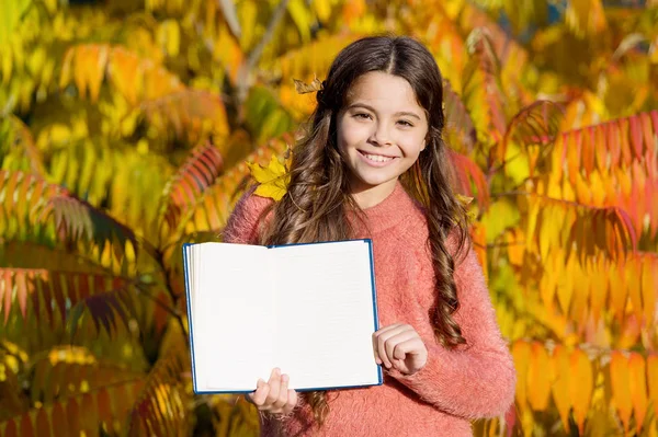 Koncept podzimní literatury. Uč se. Malá holka čte knihu na podzim. Malé dítě si vychutnává čtení podzimního listoví pozadí. Malé dítě se učí v podzimním parku. Studium pro děti s knihou — Stock fotografie