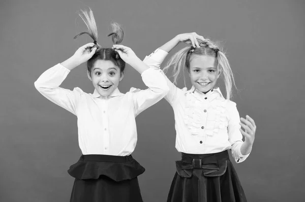 Meet new friends in school. School friendship. Should school be more fun. Schoolgirls with cute hairstyle and happy smiles. Best friends excellent pupils. Schoolgirls tidy appearance glad to meet you — Stock Photo, Image