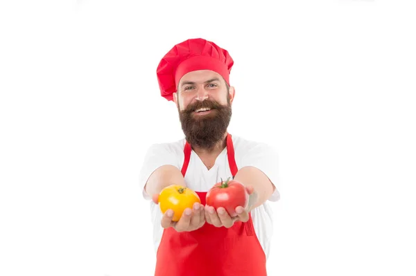 Tomato sauce recipe. Ripe tomato for delicious meal. Eat fresh tomato. Pick one. Healthy cooking concept. Man with beard on white background. Chef holds tomatoes. Cook in uniform holds vegetables — 스톡 사진