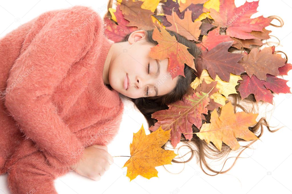Seasonal affective disorder. Kid girl sleepy face suffer depression. Headache and prostration. Type of depression that starts in fall. Feeling tired and depressed. Autumn mood. Autumn depression