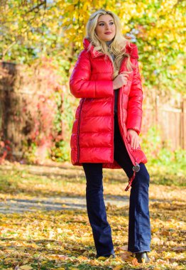 Sonbahar gardrobu olmalı. Bu sonbahar parlak ol. Sonbahar sezonu modası. Kız sonbahar yürüyüşü keyfini çıkarın. Sonbahar yürüyüşü için giyim. Park sarı yeşillik arka planda dururken kadın ceket veya sıcak ceket giymek