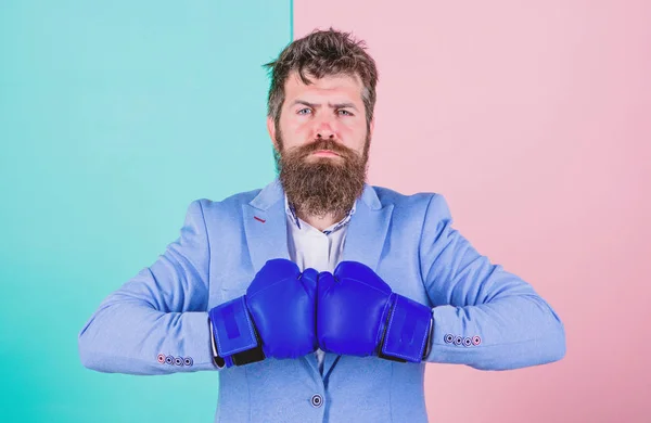 Developing winning strategy. Sport improves his leadership skills. Bearded man in boxing stance. Businessman in formal wear with boxing gloves. Boxer. Fighting for success in sport and business