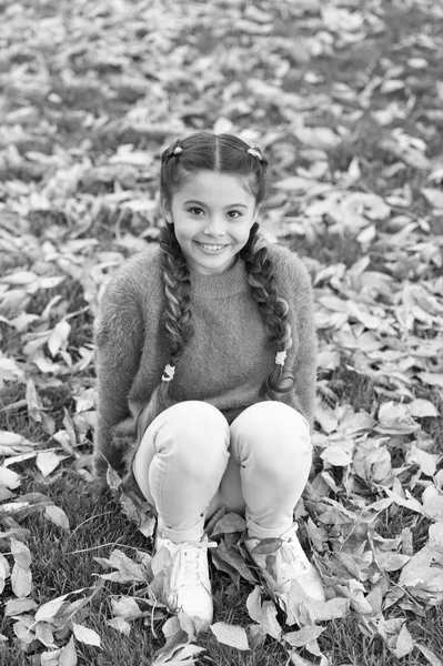 Niña feliz en el bosque de otoño. Hojas de otoño y naturaleza. Feliz infancia. Hora del colegio. Niño pequeño con hojas de otoño. Me quedaría aquí para siempre. Renuncia por la mañana. Suerte de empezar el día aquí — Foto de Stock