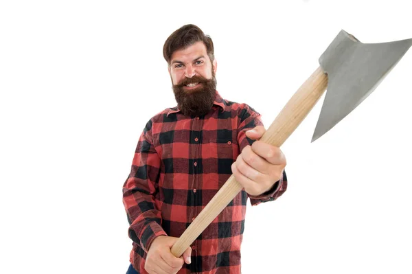 Rage in his blood. Man with axe. Bearded man hold axe isolated on white. Brutal lumberjack. Cutting wood. Sharp blade. Danger concept. Brutality and masculinity. Bearded lumberjack. Lumberjack style — Stock Photo, Image