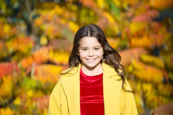 Beleza de outono. Menina cara sorridente andando no parque. Menina na moda no casaco de outono. Previsão meteorológica. Criança pequena feliz ao ar livre natureza fundo. Outono tempo quente. Outubro para fazer a lista. Próximos eventos — Fotografia de Stock