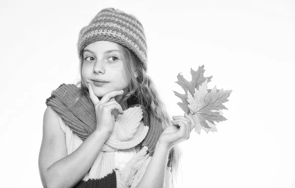 Lista de baldes de outono para crianças. Menina bonito rosto desgaste tricotado chapéu de outono e cachecol segurar folhas fundo branco. Idéia de lazer de outono. Menina com folha de bordo pensar em lazer. Outono para fazer lista — Fotografia de Stock