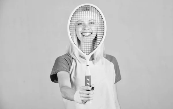 Woman hold tennis racket in hand. Tennis club concept. Tennis sport and entertainment. Active leisure and hobby. Girl fit slim blonde play tennis. Sport for maintaining health. Active lifestyle — Stock Photo, Image