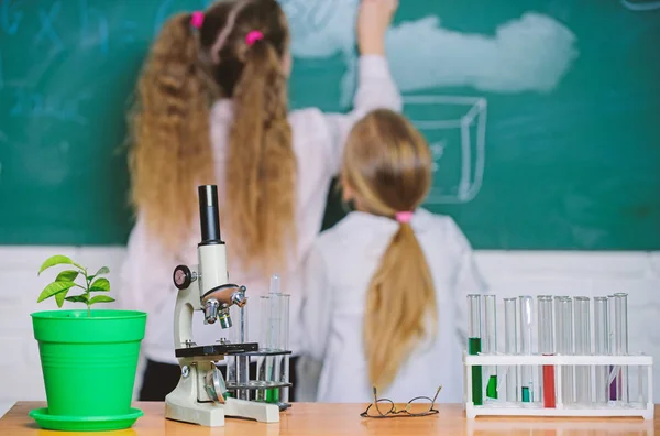 Η ιδέα της βιολογίας. Μικροσκόπιο και δοκιμαστικούς σωλήνες στο τραπέζι στην τάξη. Ένα παιδί κοντά στο φόντο του σχολικού μαυροπίνακα. Μάθημα βιολογίας του σχολείου. Το παιδί μελετά τη βιολογία με εξοπλισμό στο σχολείο. Ημέρα της γνώσης — Φωτογραφία Αρχείου