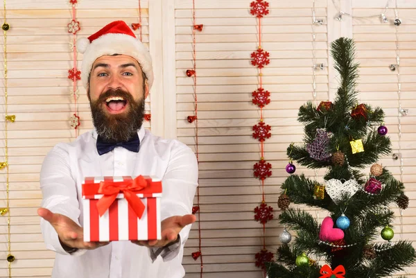 Man with beard and bow tie holds striped present box — Stock Photo, Image