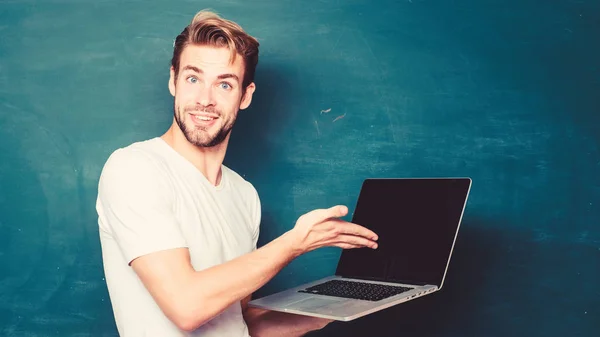 School teacher programming with laptop. Student learn programming language. Programming web development. Handsome man use modern technology. Digital technology. Apply online course for programmers