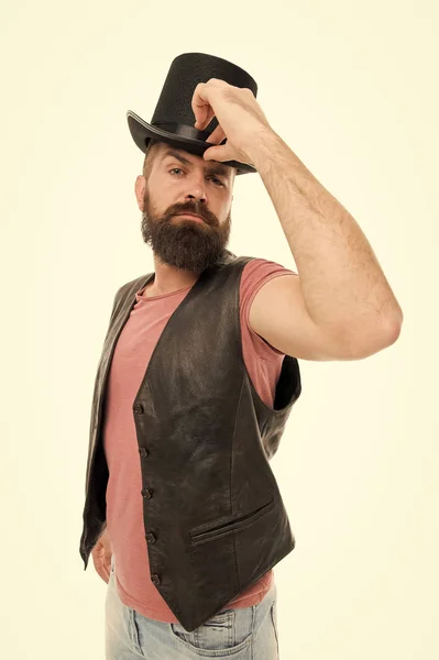 Circus magic trick performance. Funny entertainment. Street performance. Magician circus worker. Hocus pocus. Man bearded guy magician. Magician character. Magician trick performance concept