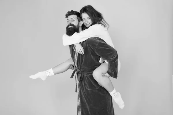 Deep in love. Having fun. Perfect morning. Happy family couple. woman and bearded man in robe. romantinc couple in love. Honeymoon trip. Cheerful couple. Love time. Life together. Feeling of love — Stock Photo, Image