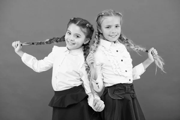 Estudantes arrumado aparência feliz em conhecê-lo. Conhecer novos amigos na escola. Amizade escolar. Se a escola for mais divertida. Estudantes com penteado bonito e sorrisos felizes. Melhores amigos excelentes alunos — Fotografia de Stock