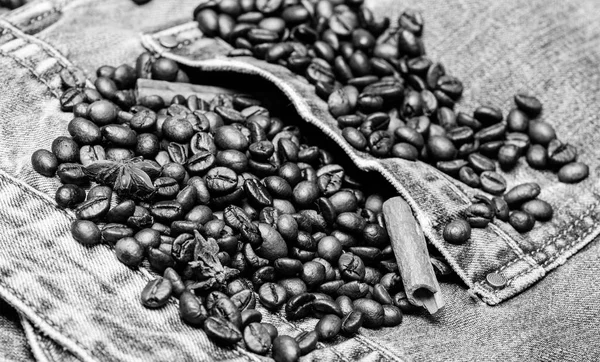 Coffee shop or store. Texture and background concept. Fresh roasted coffee close up. Beans and spices in jeans pocket. Degree of roasting coffee beans. Coffee for inspiration and energy charge — Stock Photo, Image