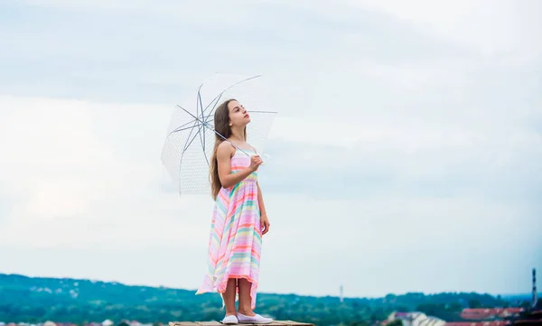 Fairy tale character. Feeling light. Girl with light umbrella. Fly drop parachute. Anti gravitation. Dreaming about first flight. Kid pretending fly. Happy childhood. I believe i can fly. Touch sky — Stock Photo, Image