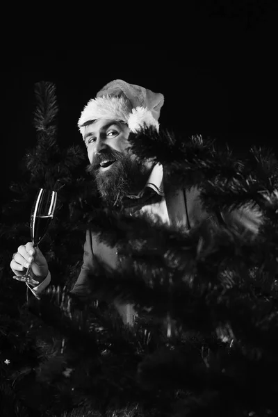 Gerente com barba se esconde atrás da árvore de Natal careca. — Fotografia de Stock