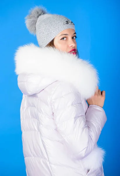 Festive season. beauty in winter clothing. cold season shopping. flu and cold. seasonal fashion. girl in beanie. faux fur fashion. happy winter holidays. its christmas. woman in padded warm coat — Stock Photo, Image