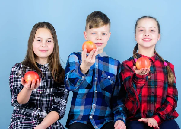 Healthy lifestyle. Boy and girls friends in similar checkered clothes eat apple. Teens with healthy snack. Healthy dieting and vitamin nutrition. Eat fruit and be healthy. Group teenagers hold apples