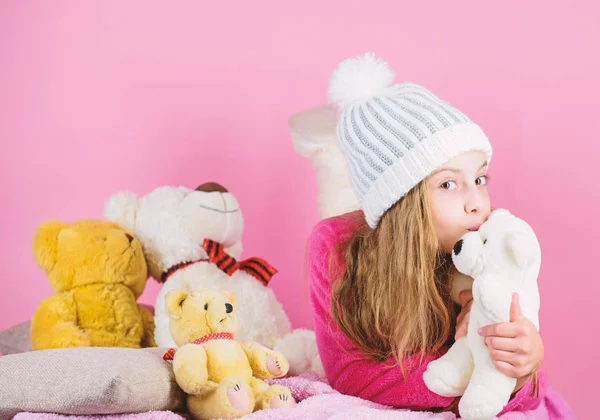 Child small girl playful hold teddy bear plush toy. Kid little girl play with soft toy teddy bear on pink background. Teddy bears help children handle emotions and limit stress. Bears toys collection — Stock Photo, Image