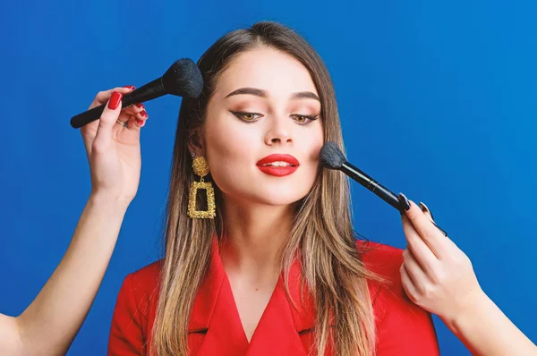Fashion portrait of woman. beauty and fashion. hair beauty and hairdresser salon. jewelry earrings. Girl in red jacket. Sexy woman with professional makeup brush tool. Woman at shoe store — Stock Photo, Image