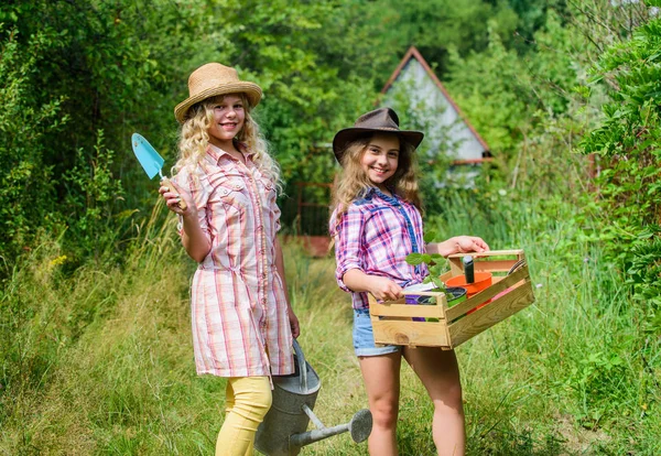 Passionate about their job. ecology and nature protection. earth day. summer family farm. small girls farmer in village. children hold gardening tools. farming and agriculture. spring country side — Stock Photo, Image