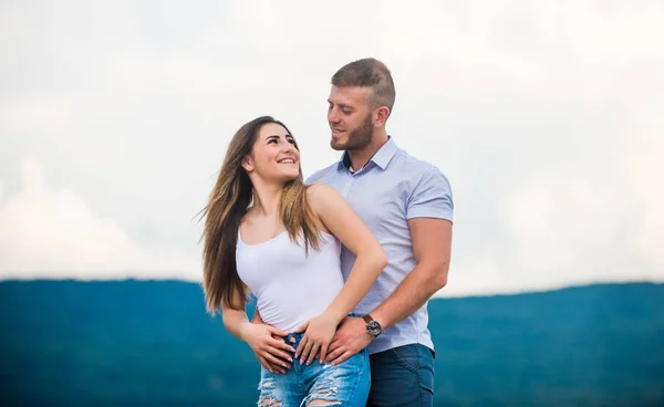 Cute and sweet relationship. Couple in love. Couple goals concept. Man and woman cuddle nature background. Family love. Devotion and trust. Together forever we two. Love story. Romantic relations — Stock Photo, Image