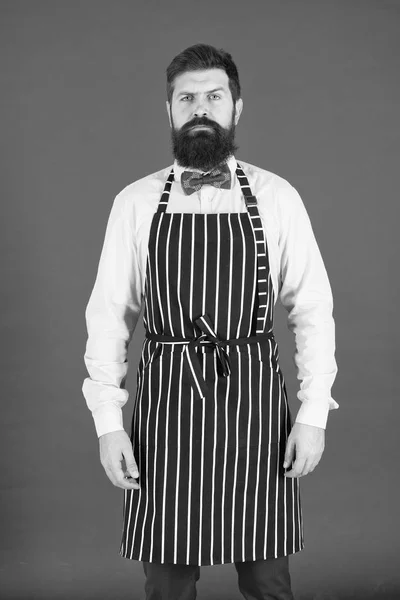 Camarero Hipster. Hipster concepto de café. Hombre con barba cocinero delantal hipster. Chef Hipster cocinar fondo rojo. Cocinero barbudo. Personal y servicio de restaurante. Camarero bien arreglado en el trabajo —  Fotos de Stock