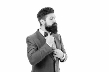 Adam papyonu düzeltti. Acımasız iş adamı bakımı. Ceketli, sakallı, beyaz tenli olgun bir adam. Sakallı hipster için resmi moda. Erkek patron papyon takıyor. Esthete. Resmi iş adamı. Boşluğu kopyala