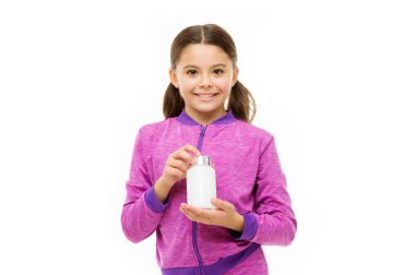 Kız ilaç şişesi tutuyor. Vitamin kavramı. Vitamin takviyeleri ihtiyacınız var. Sağlıklı yaşam tarzı. Gıda takviyesi. Sağlık. Vitamin takviyesi alın. Çocuk kız ilaç alır. Tedavi ve tıp