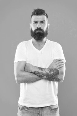 Sakal çocuğu adamdan ayırır. Beyaz adam hipster gibi görünmek için sakal uzaması. Moda sakallı ve saç kesimi olan sakallı adam. Uzun sakallı ve bıyıklı vahşi adam