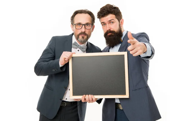 announcement. party invitation. partners celebrate start up business on white. businessmen use phone, copy space. bearded men hold advertisement blackboard. welcome on board. invitation concept
