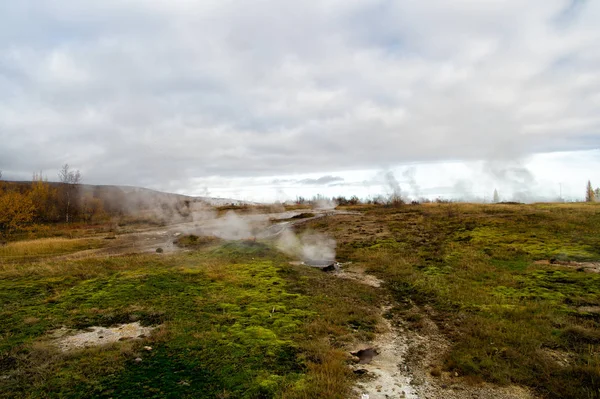 Géiser milagro natural. Vapor de fuente mineral caliente en Islandia. Islandia famosa por sus géiseres. Parque de géiseres Islandia. Paisaje prado con nubes de vapor. Zona termal de Geysir. Géiser altamente activo — Foto de Stock